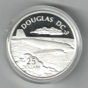 2003 Solomon Islands Silver Proof One Ounce Douglas DC-3. The coin contains one ounce of 999 fine silver. All coins are in stock.