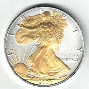 2004 Colourised Silver USA One Ounce Eagle . The liberty is on the obverse, The eagle is on the reverse. The coin contains one ounce of 999 fine silver.