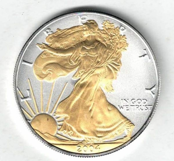 2004 Colourised Silver USA One Ounce Eagle . The liberty is on the obverse, The eagle is on the reverse. The coin contains one ounce of 999 fine silver.