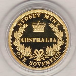 2005 Gold Proof Australia Sovereign coin. This coin features the portrait of Queen Elizabeth II on the obverse. The date and denomination on the reverse.