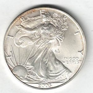 2005 Silver USA One Ounce Eagle. The liberty is on the obverse, The eagle is on the reverse. The coin contains one ounce of 999 fine silver.