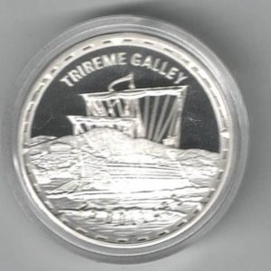 2005 Solomon Islands Silver Proof One Ounce Trireme Galley Sailing Ship in Full Sail. The coin contains one ounce of 999 fine silver.