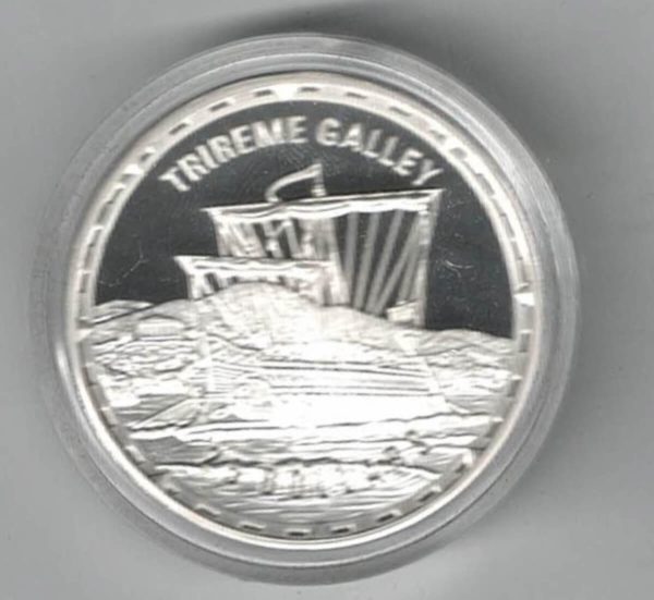 2005 Solomon Islands Silver Proof One Ounce Trireme Galley Sailing Ship in Full Sail. The coin contains one ounce of 999 fine silver.