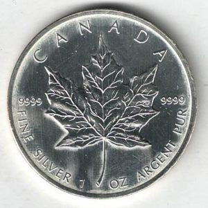 2008 Silver Canada One Ounce Maple. Elizabeth II is on the obverse, The coin contains one ounce of 9999 fine silver. All coins are in stock.