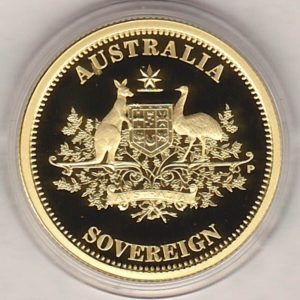 2009 Gold Proof Australia Sovereign coin. This coin features the portrait of Queen Elizabeth II on the obverse. The coat of arms on the reverse.