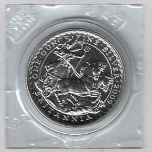 2009 Silver Britannia One Ounce Coin. The coin contains one ounce of fine silver. All of our silver coins have been pre-owned and are in stock.