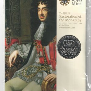 2010 Five pound coin Restoration of the Monarchy. cupro-nickel coin featuring Queen Elizabeth II on the Obverse. The coin is in stock.
