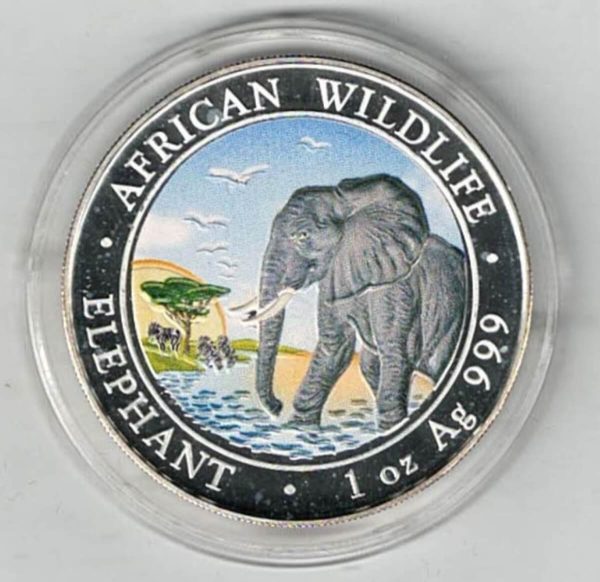 2010 Silver Somali republic One Ounce Elephant. This Coin does feature an Elephant. The coin contains one ounce of 999.9 fine silver.