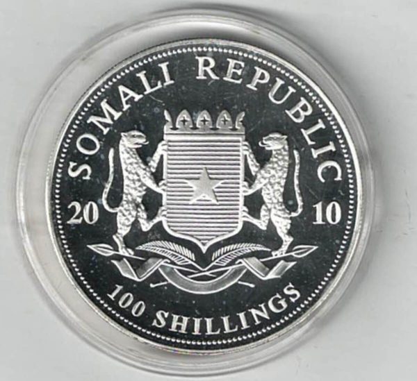 2010 Silver Somali Republic One Ounce Elephant Colourised Coin - Image 2