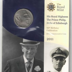2011 Five pound coin HRH Prince Philip. cupro nickel coin featuring Queen Elizabeth II on the Obverse. The coin is in stock.