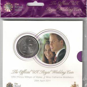 2011 Five Pounds The Royal Wedding. featuring Queen Elizabeth II on the Obverse with William and Catherine on reverse. All five pound coins are in stock.