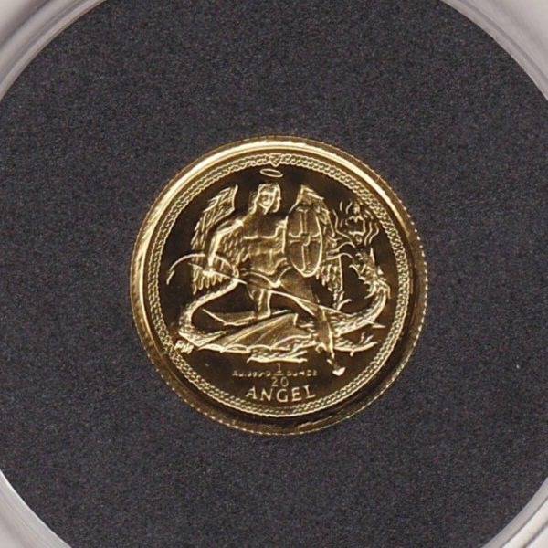2012 Isle Of Man Proof Gold Twentieth Ounce Angel Coin. Double portrait of Queen Elizabeth II on the obverse. The Archangel on the reverse.