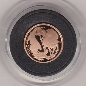 2012 Gold Proof Quarter Sovereign Coin featuring the fourth portrait of Queen Elizabeth II on the obverse. Stylised St George and the dragon on the reverse.