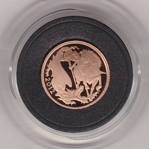 2012 Gold Proof Quarter Sovereign Coin featuring the fourth portrait of Queen Elizabeth II on the obverse. Stylised St George and the dragon on the reverse.