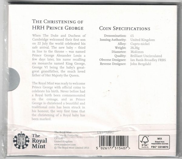 2013 Five Pounds Coin The Christening of HRH Prince George - Image 2