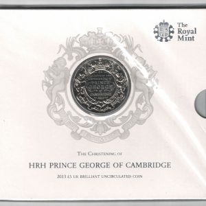 2013 Five Pounds Coin Christening of Prince George. featuring Queen Elizabeth II on the Obverse. All five pound coins are in stock and ready to send.