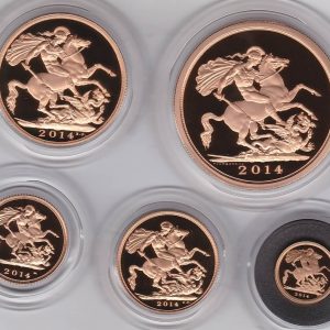 2014 Five Coin Gold Proof Set. This five coin gold sovereign set comes boxed with certificate as issued by the Royal Mint.