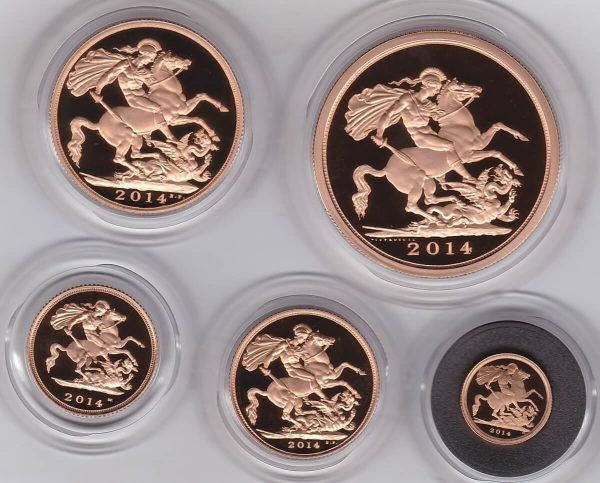 2014 Five Coin Gold Proof Set. This five coin gold sovereign set comes boxed with certificate as issued by the Royal Mint.