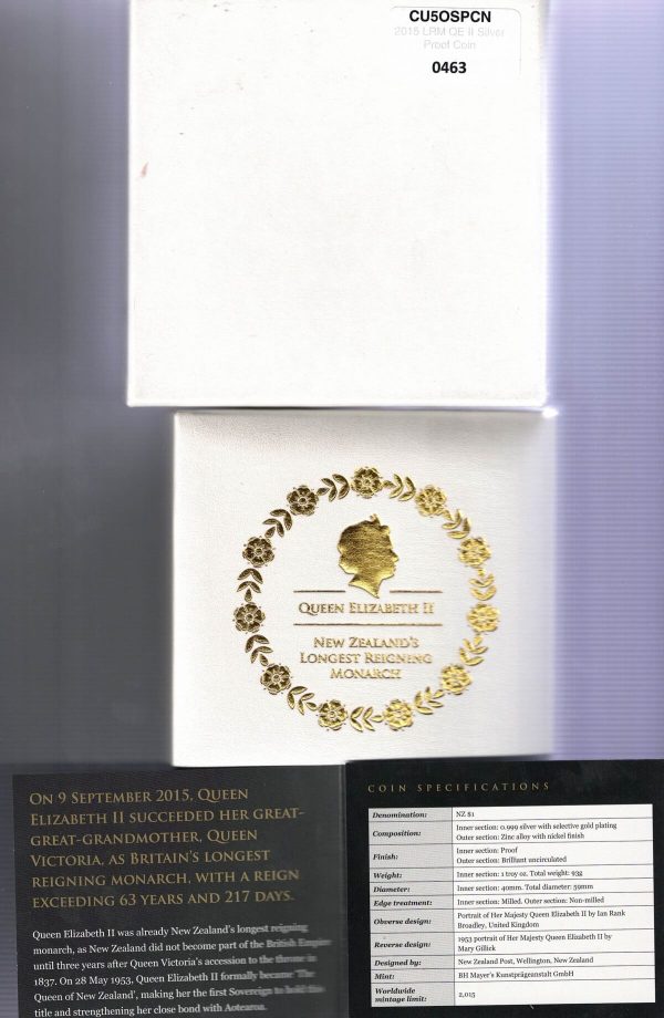 2015 Silver Proof New Zealand One Ounce Coin Longest Reigning Monarch - Image 3