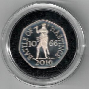 2016 Silver Proof Fifty Pence Coin 950th anniversary Battle of Hastings. This coin comes in the original box with certificate as issued by the royal mint.