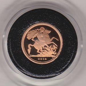 2016 Gold Proof Quarter Sovereign Coin featuring the fourth portrait of Queen Elizabeth II on the obverse. St George and the dragon on the reverse.