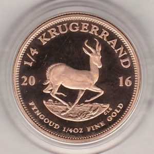 2016 South Africa Gold Proof Quarter Ounce Krugerrand coin featuring Paul Kruger on the Obverse. The springbok antelope is on the Reverse.
