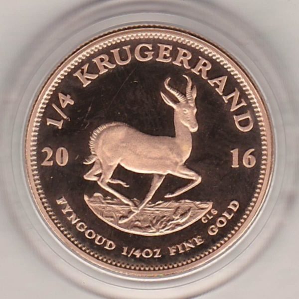2016 South Africa Gold Proof Quarter Ounce Krugerrand coin featuring Paul Kruger on the Obverse. The springbok antelope is on the Reverse.