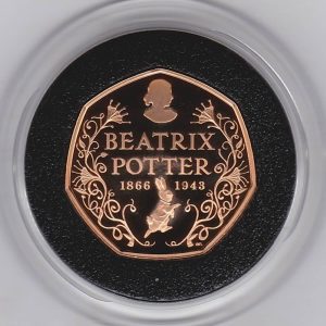 2016 Gold Proof Fifty Pence Beatrix Potter. This coin was struck to celebrate Beatrix Potter. The coin comes boxed with certificate.