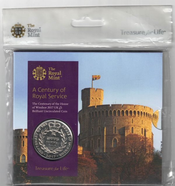 2017 Five Pounds Coin centenary of house of Windsor. featuring Queen Elizabeth II on the Obverse. All five pound coins are in stock.