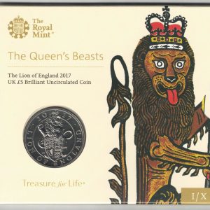 2017 Five Pounds featuring Queen Elizabeth II on the Obverse and the Reverse side features the Lion of England. All coins are in stock.