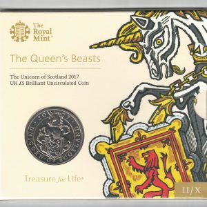 2017 Five Pounds featuring Queen Elizabeth II on the Obverse and the Reverse side features the Unicorn of Scotland. All coins are instock.