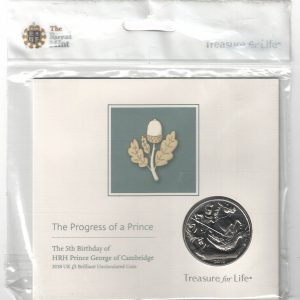 2018 Five Pounds Prince George 5th Birthday. featuring Queen Elizabeth II on the Obverse. All five pound coins are in stock.