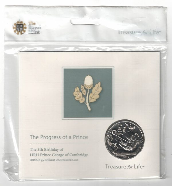 2018 Five Pounds Prince George 5th Birthday. featuring Queen Elizabeth II on the Obverse. All five pound coins are in stock.