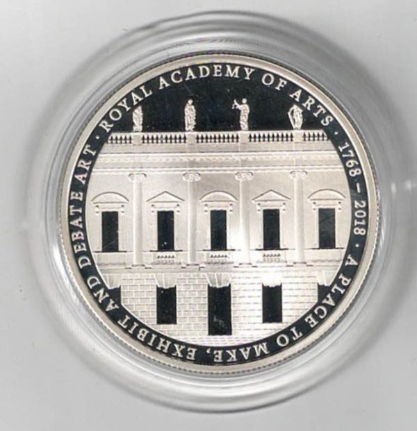 2018 Five Pounds Standard Silver Proof Royal Academy of Arts. This Standard proof coin comes boxed with certificate as issued by the royal mint.
