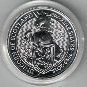 2018 Silver Two Ounce Coin Unicorn Of Scotland This coin was issued as part of the Queen's Beasts series by the Royal Mint.