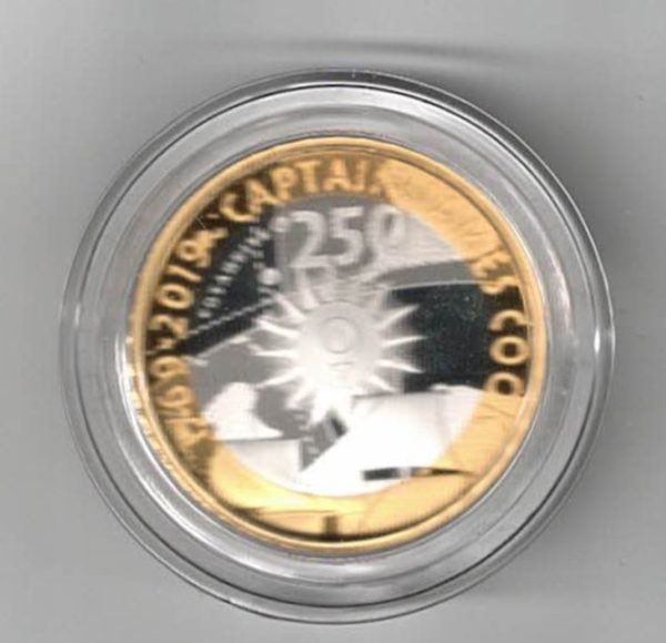 2019 Two Pounds Standard Silver Proof Captain James Cook coin, was issued by the royal mint and includes the original box and certificate.