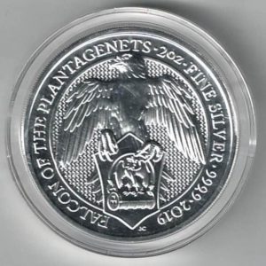 2019 Two Ounce Silver Coin Falcon Of The Plantagenets. This coin was issued as part of the Queen's Beasts series by the Royal Mint.