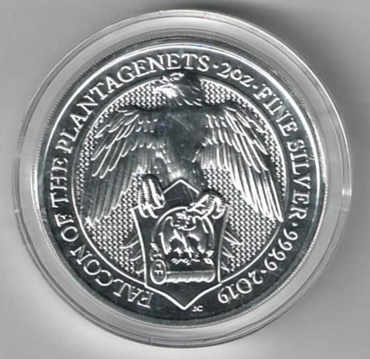 2019 Two Ounce Silver Coin Falcon Of The Plantagenets. This coin was issued as part of the Queen's Beasts series by the Royal Mint.