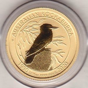 2020 Gold Australia Tenth Ounce Kookaburra coin. This gold coin features Queen Elizabeth II on the Obverse. And a Kookaburra on the Reverse.