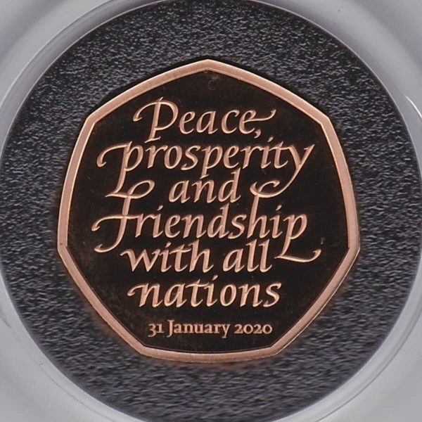 2020 Piedfort Gold Proof Fifty Pence. The coin was issued to commemorate the withdrawal from the European Union. Boxed with certificate.
