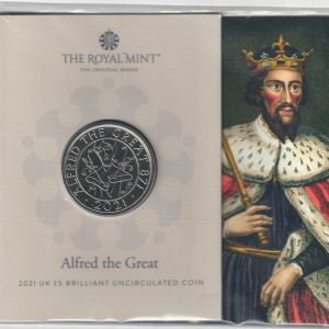 2021 Five Pounds featuring Queen Elizabeth II on the Obverse and the Reverse side features the Alfred the Great. All coins are instock.