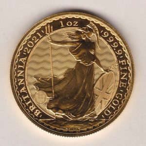 2021 Gold One Ounce Britannia coin. Queen Elizabeth II obverse. The reverse of this coin depicts Britannia, a female personification of the United Kingdom.