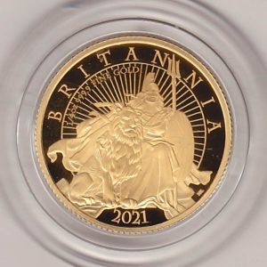 2021 Gold Proof Quarter Ounce Britannia coin featuring Queen Elizabeth II on the Obverse. The Britannia with lion by her side on the Reverse.