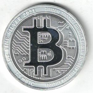 2021 Silver Niue One Ounce Bitcoin. This coin does feature the Bitcoin logo. The coin contains one ounce of 999 fine silver.