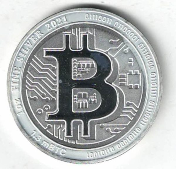 2021 Silver Niue One Ounce Bitcoin. This coin does feature the Bitcoin logo. The coin contains one ounce of 999 fine silver.