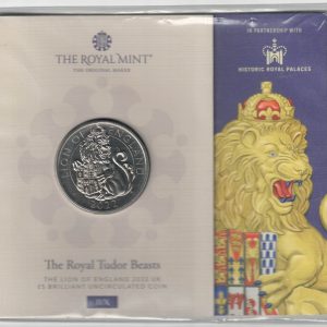 2022 Cupro-Nickle Five Pounds Royal Tudor Beasts, The Lion of England. This coin features QE II On the obverse side of the coin. All coins in stock.