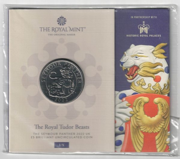 2022 Cupro-Nickle Five Pounds Royal Tudor Beasts, The Seymour Panther. This coin features QE II On the obverse side of the coin. All coins in stock.
