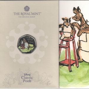 2022 Fifty Pence Classic Pooh colourised Kanga and Roo. Cupro nickel coin featuring Queen Elizabeth II on the Obverse. The Reverse features Kanga and Roo.