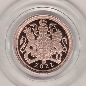 2022 Gold Proof Half Sovereign. This coin features Queen Elizabeth II on the obverse and was issued for the Queen Elizabeth II Platinum Jubilee.