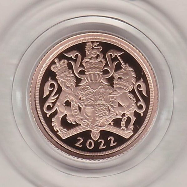2022 Gold Proof Half Sovereign. This coin features Queen Elizabeth II on the obverse and was issued for the Queen Elizabeth II Platinum Jubilee.